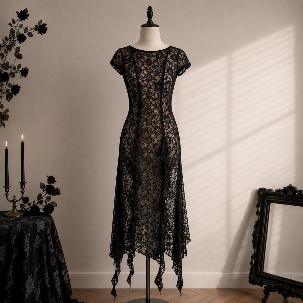 Sheer Lace Dress Size 4 Whimsygoth Witchy Handkerchief Hem Romantic Goth Black